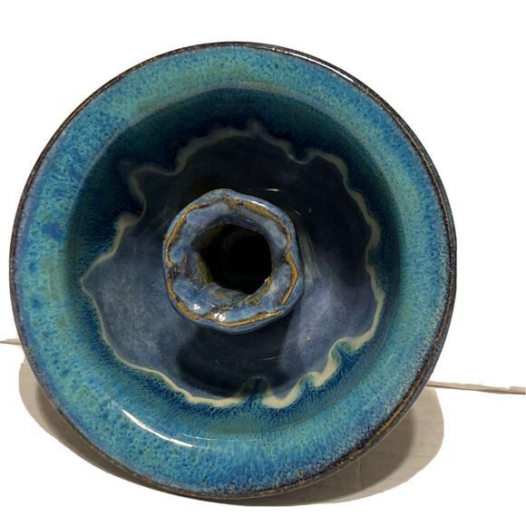 Smoky Mountain Pottery Candle Holder Glazed Blue Round Hand Made Gatlingburg TN - Picture 4 of 10